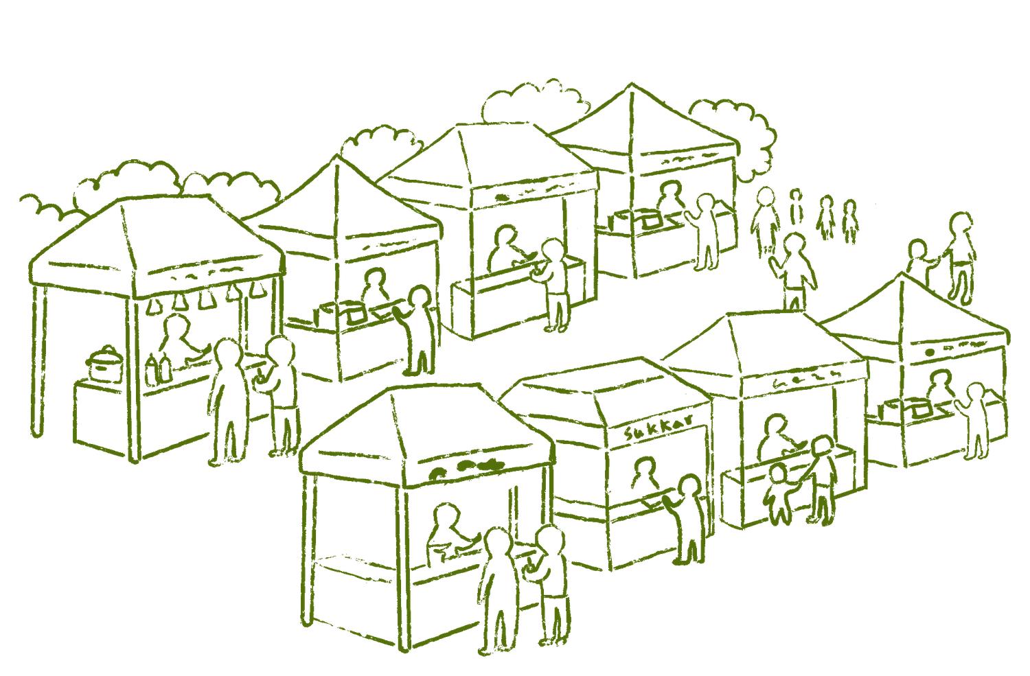 Drawing of a market with rows of tents, shoppers and a Sukkar stand