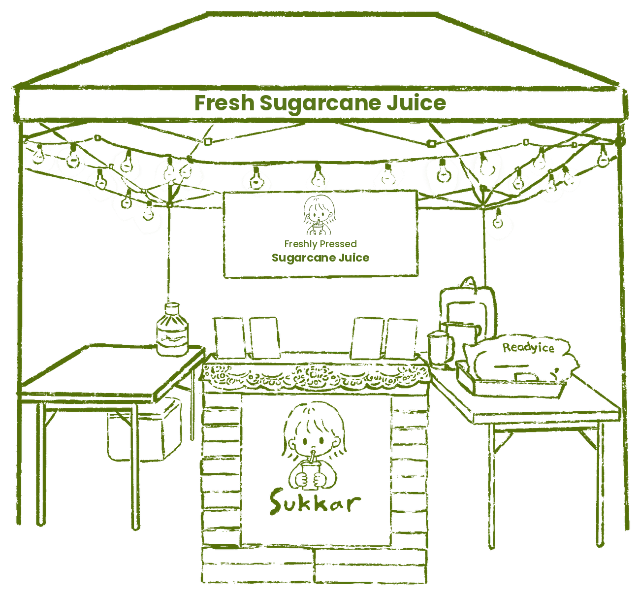 Drawing of the Sukkar juice stand under its tent, with string lights and the Sukkar logo on the front counter
